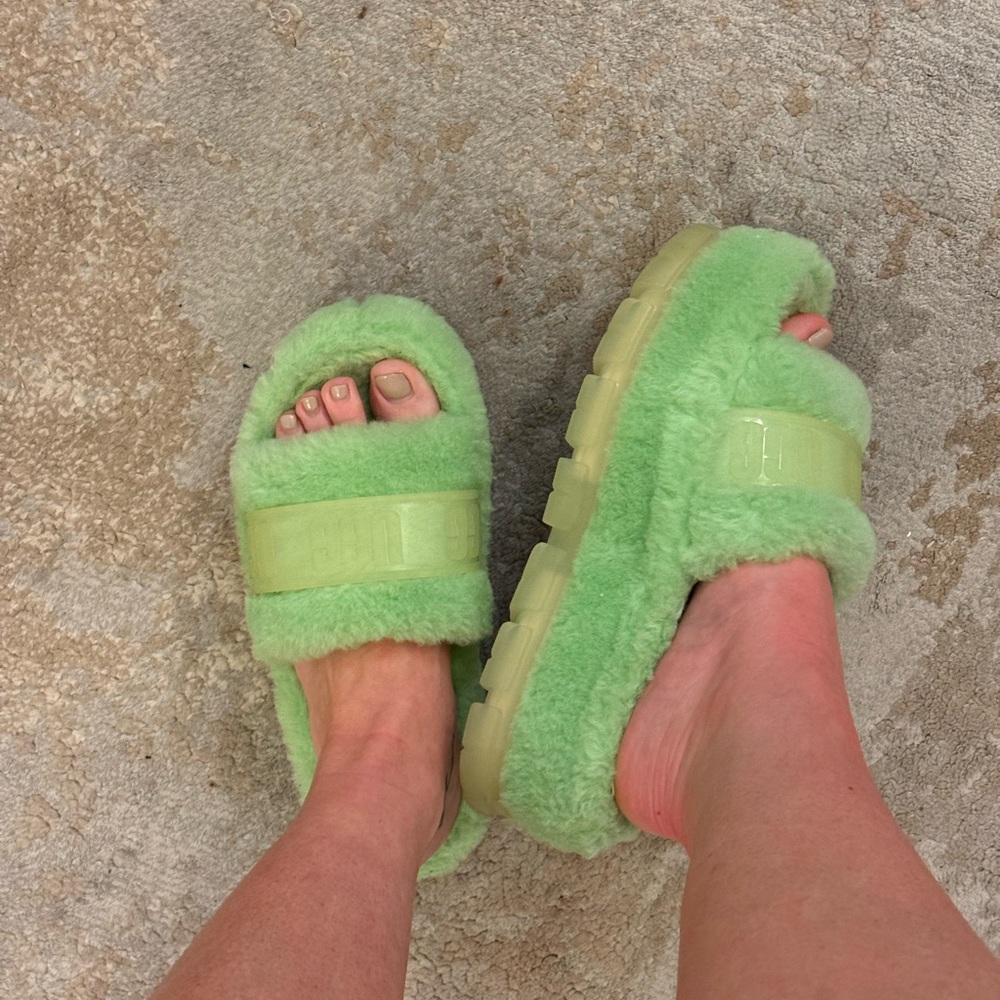UGG Green Fluffy Slide Sandals